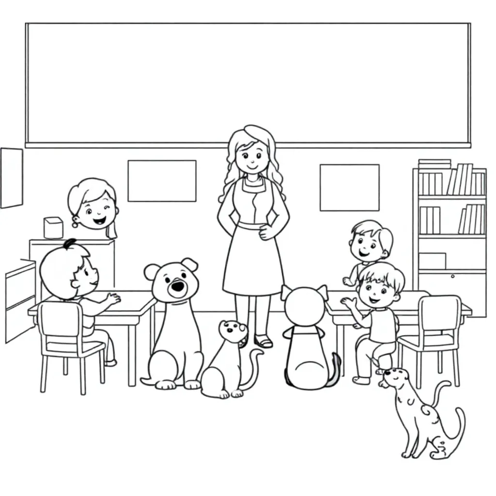 een schoolklas met kinderen, een hond en kat en de tekst: "welkom in groep 3/4" coloring page for ch