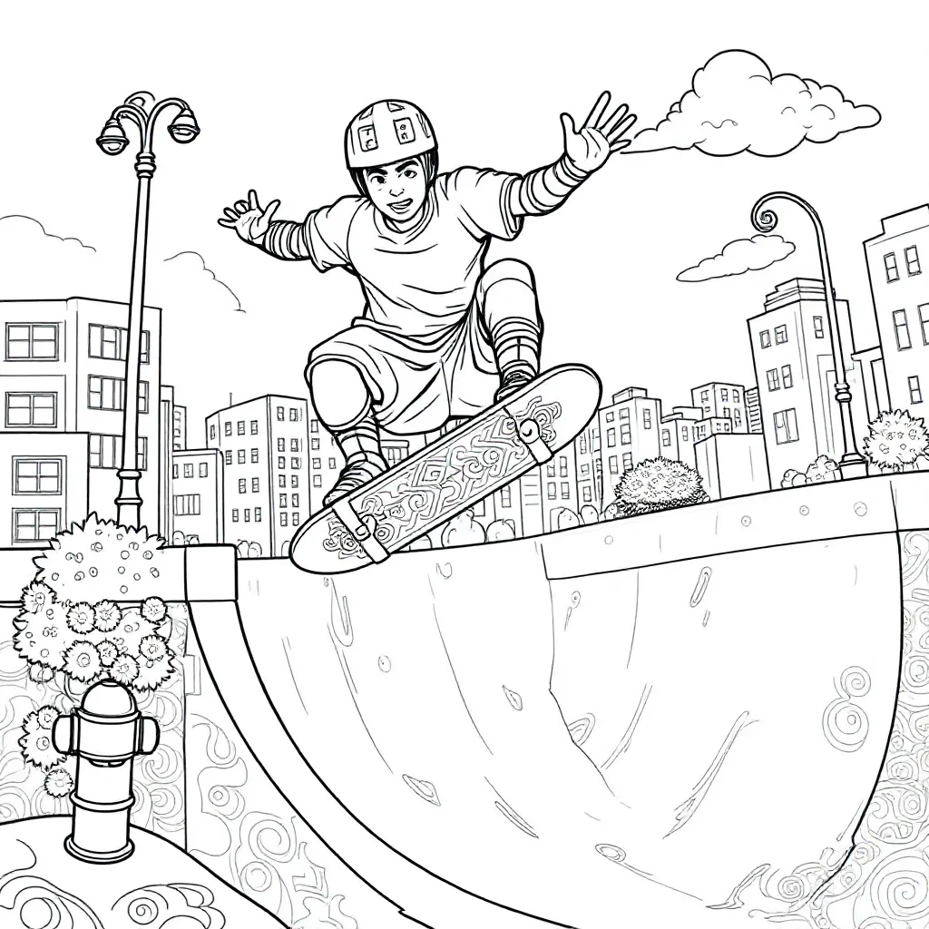 Een skater op een half pipe coloring page for children