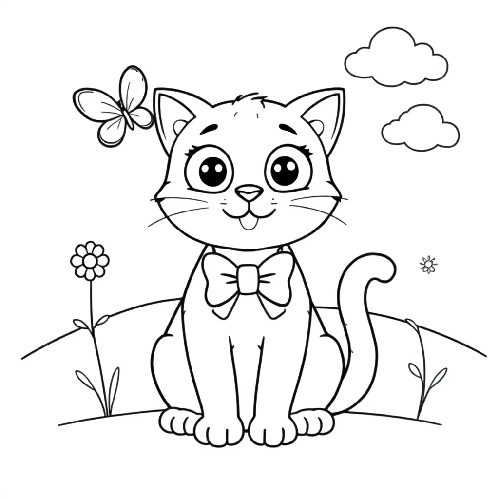 Een Speelse Kat Met Grote Ogen En Een Strikje coloring page for children