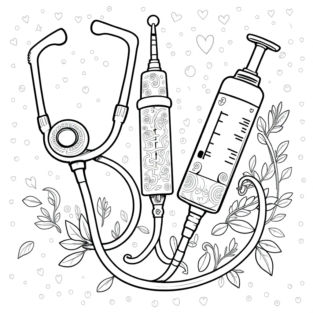 Een stethoscoop met een spuit en zuurstofslang coloring page for children