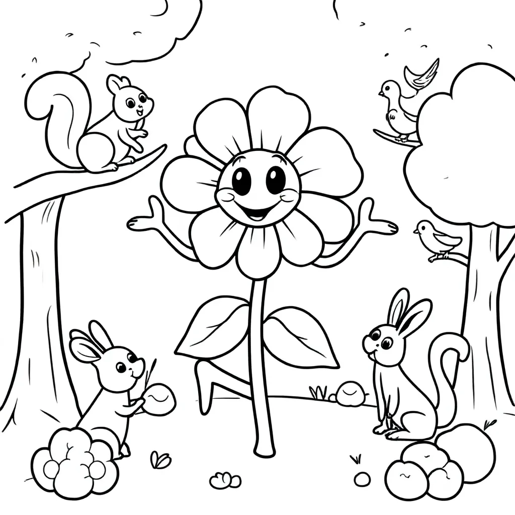 Een Stoere Bloem Met Gezicht Die Door Het Bos Danst Omrin... coloring page for children