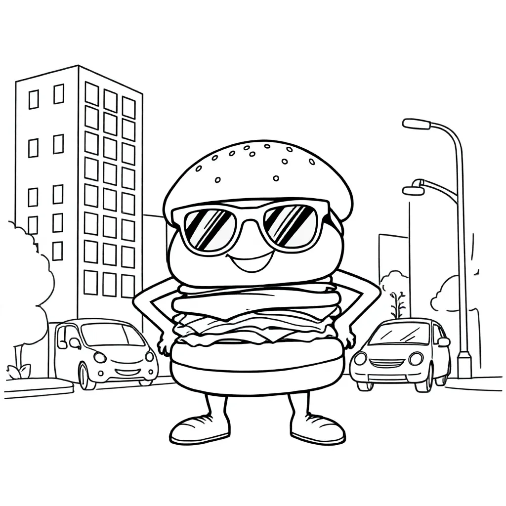Een Stoere Hamburger Met Zonnebril In Een Drukke Stad coloring page for children