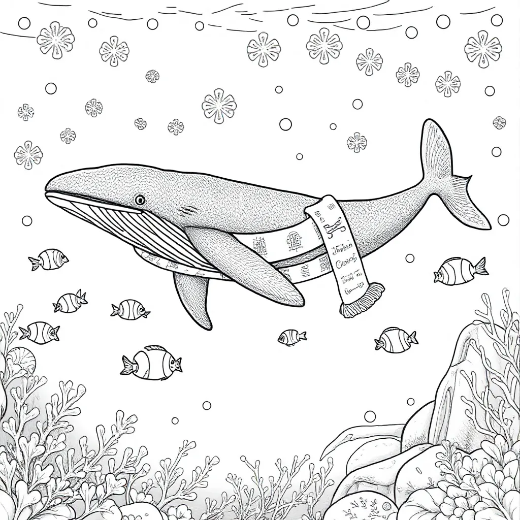 Een Stoere Walvis Met Een Sneeuwsjaal Die Door Een Onderw... coloring page for children