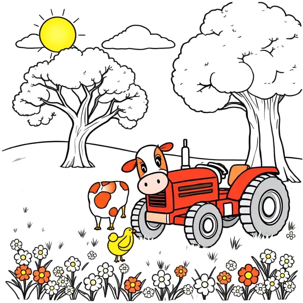 A Tractor A Cow A Chicken Flowers Meadow Clouds Sun A ...