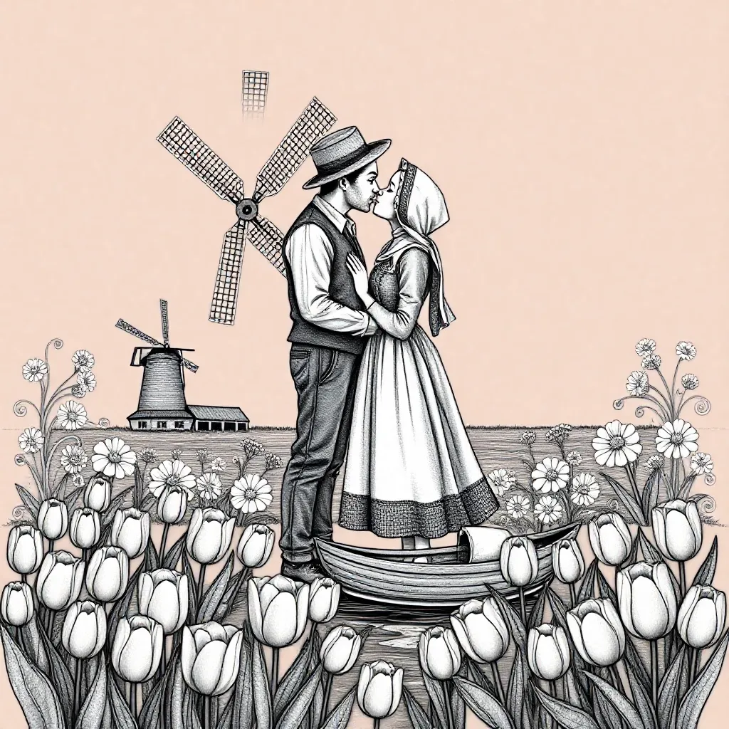 een traditioneel Dutch kissing couple coloring page for children