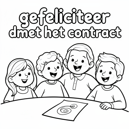 een vel papier op een tafel met op dat papier een krul en 7 blije mensen bij de tafel kleurplaat voo