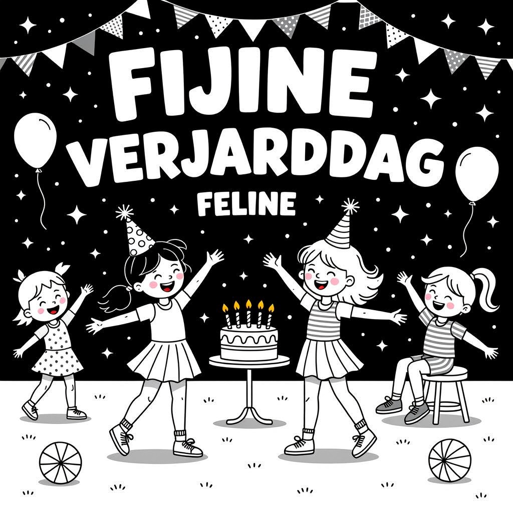 een verjaardags feest met een meisje met een bril  zwart haar en jurk 9 jaar en meisje blond haar 9
