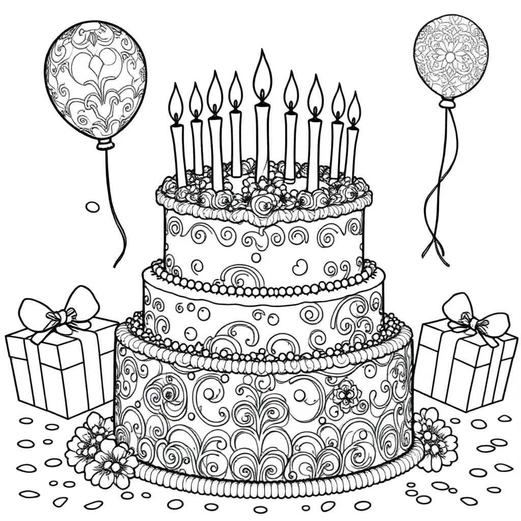 een verjaardagstaart met 9 kaarsjes coloring page for children