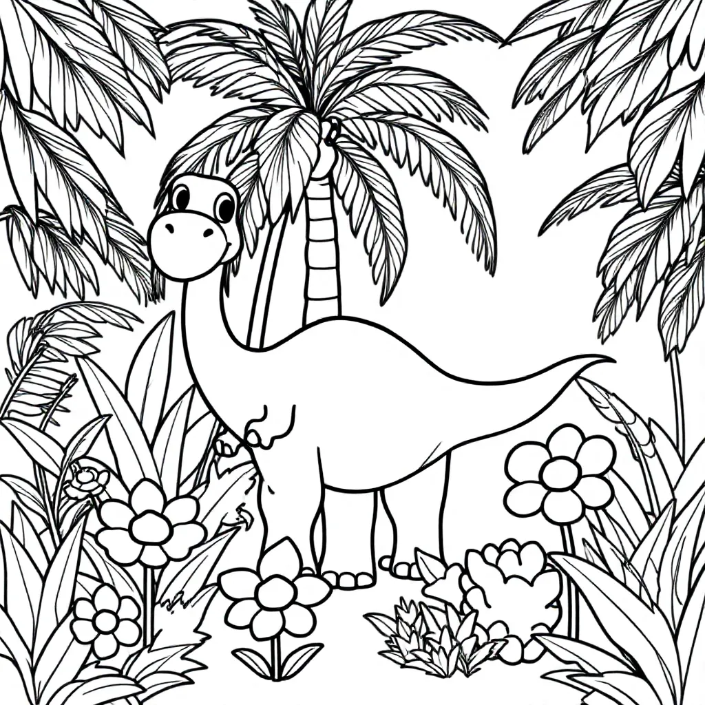Een Vriendelijke Dinosaurus In Een Jungle Met Bloemen coloring page for children