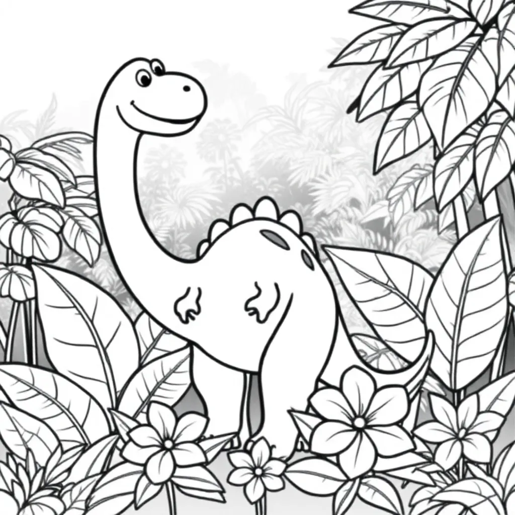 Een Vriendelijke Dinosaurus In Een Jungle Met Bloemen coloring page for children