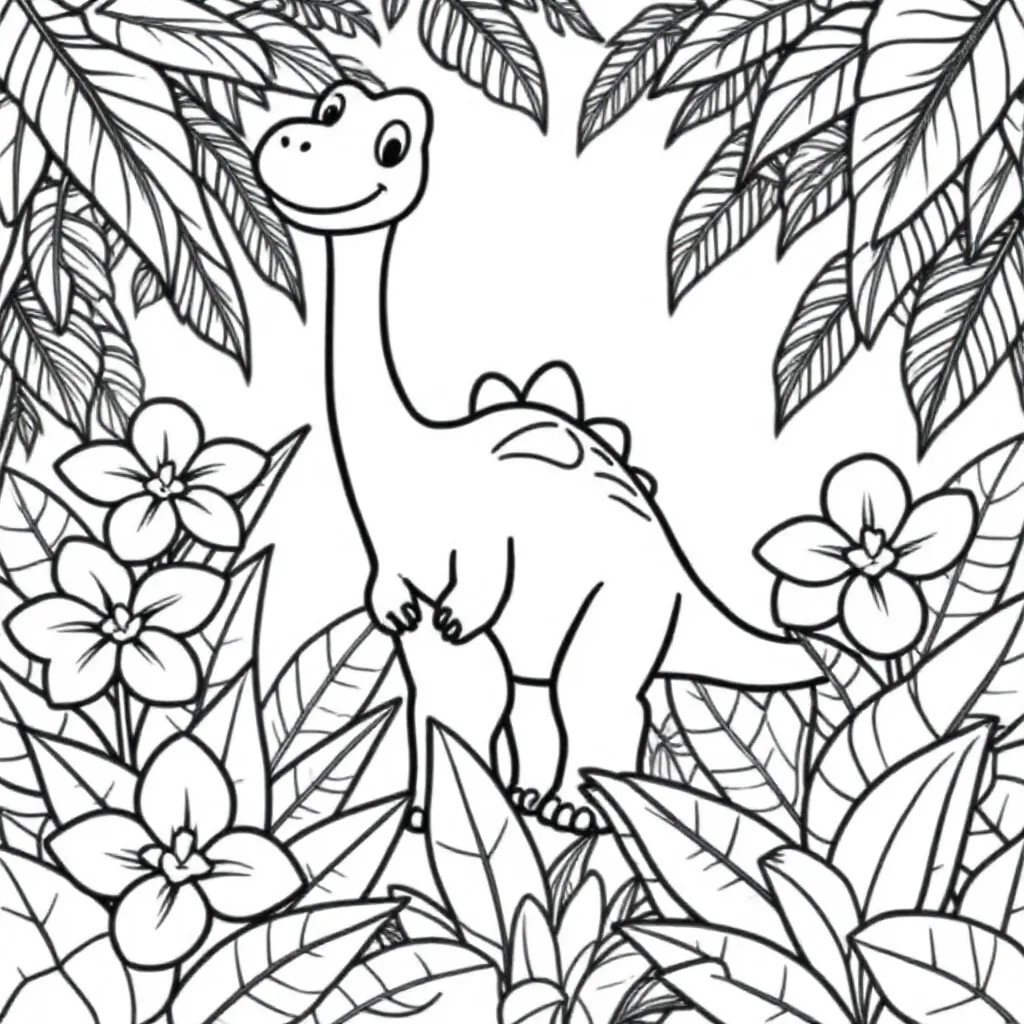 Een Vriendelijke Dinosaurus In Een Jungle Met Bloemen coloring page for children