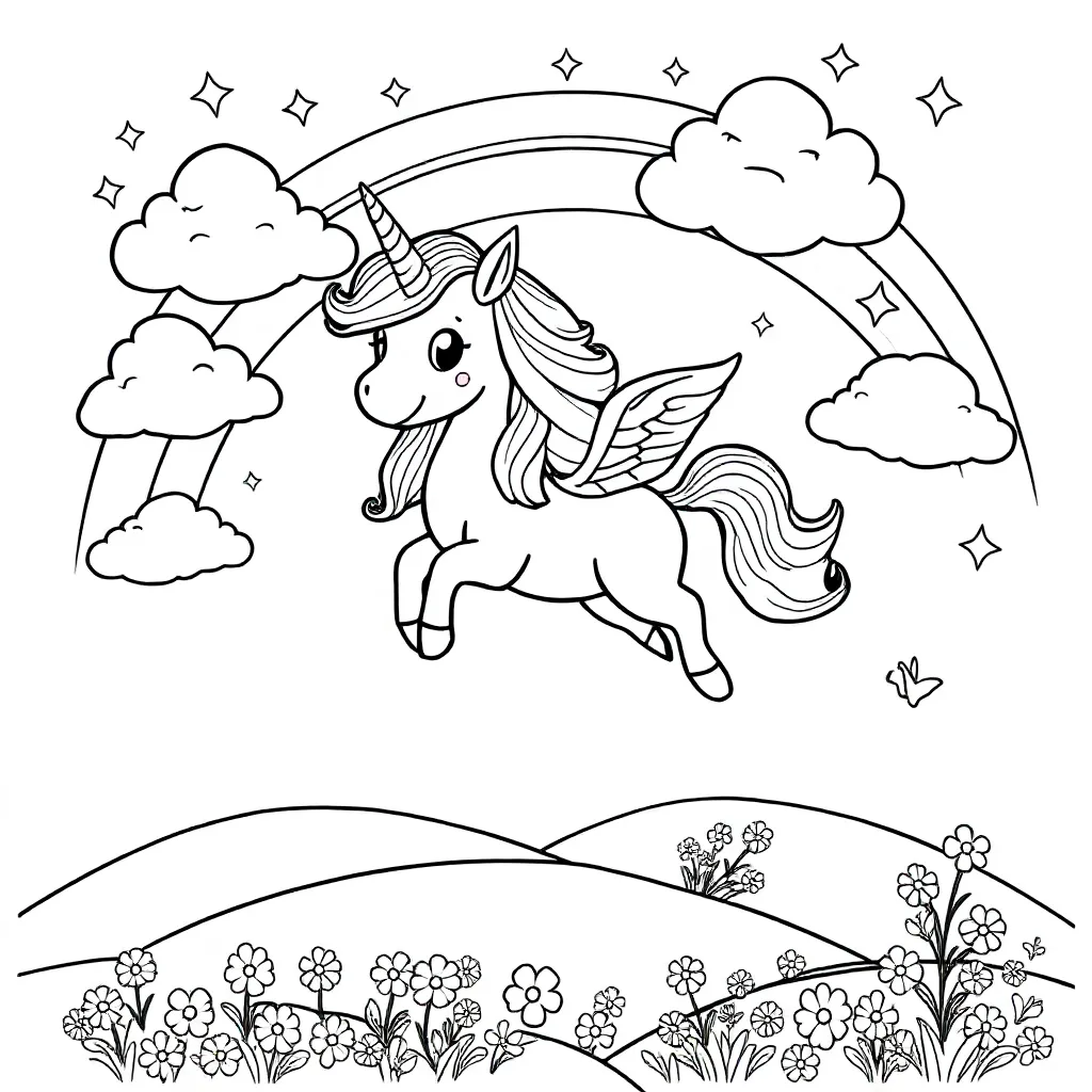 Een Vrolijke Eenhoorn Die Door De Regenboog Vliegt coloring page for children