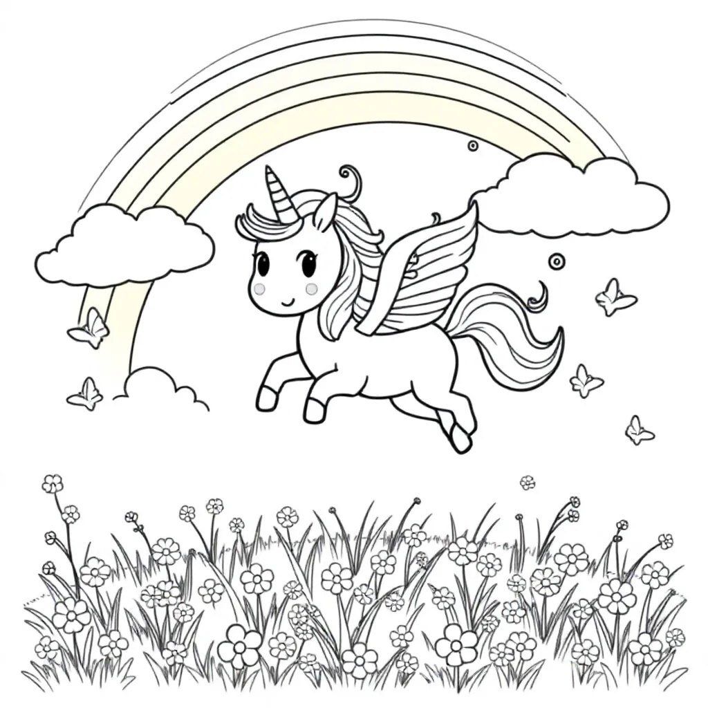 Een Vrolijke Eenhoorn Die Door De Regenboog Vliegt coloring page for children
