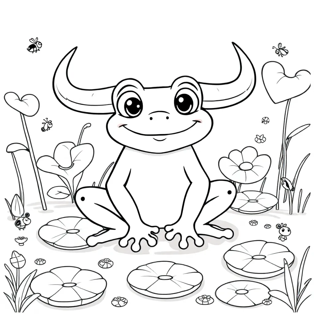 Een Vrolijke Kikker Met Hoorns Zoals Een Stier coloring page for children