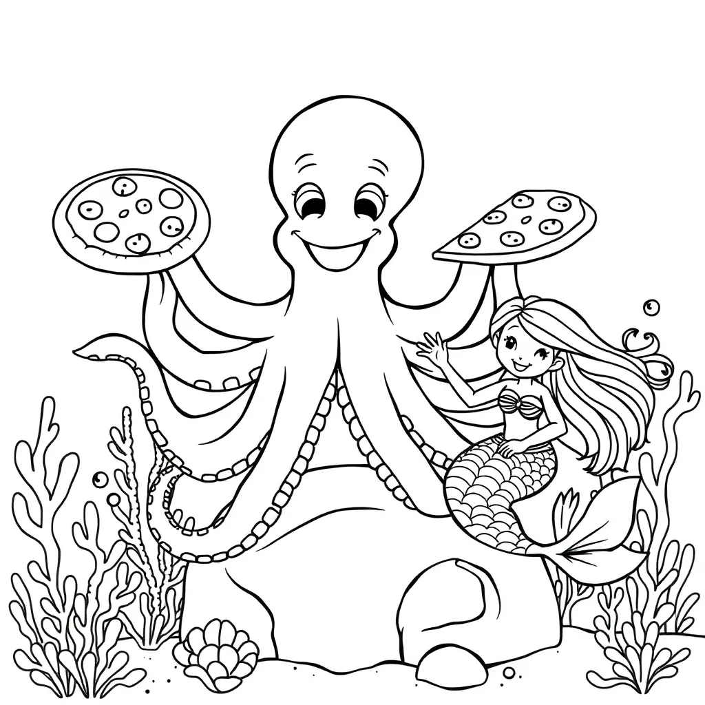 Een Vrolijke Octopus Die Pizzas Serveert Aan Zeemeerminnen coloring page for children