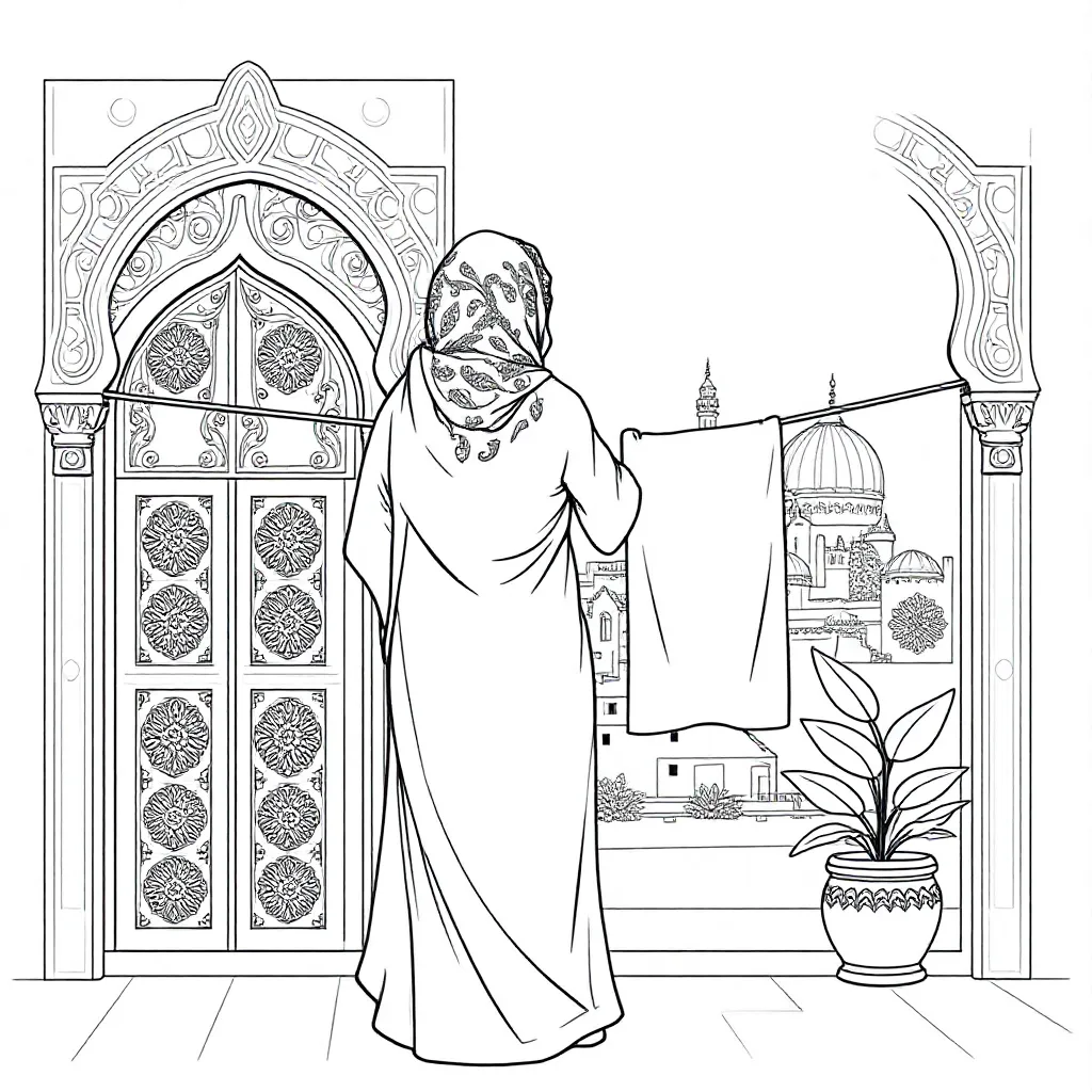 Een vrouw met hoofddoek zonder gezicht die in Marokko de was ophangt kleurplaat voor kinderen