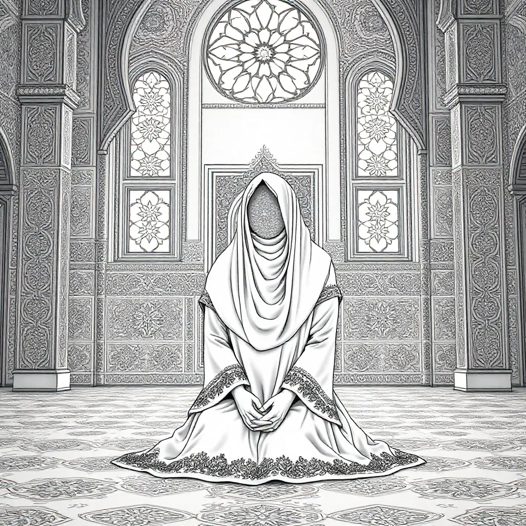 Een vrouw met hoofddoek zonder gezicht die in Marokko in de moskee zit kleurplaat voor kinderen