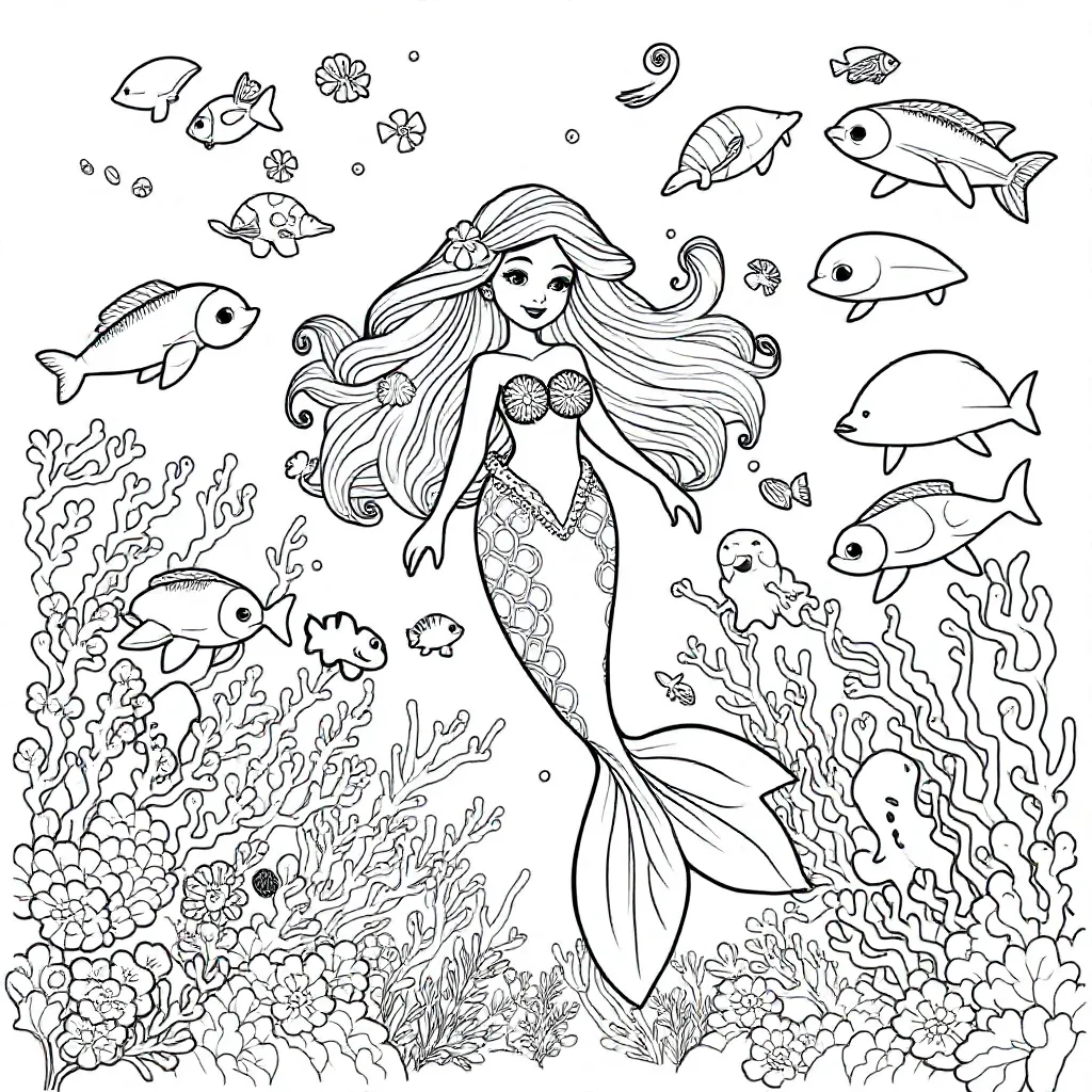 Een Zeemeermin Omringd Door Haar Familie En Zeevriendjes coloring page for children