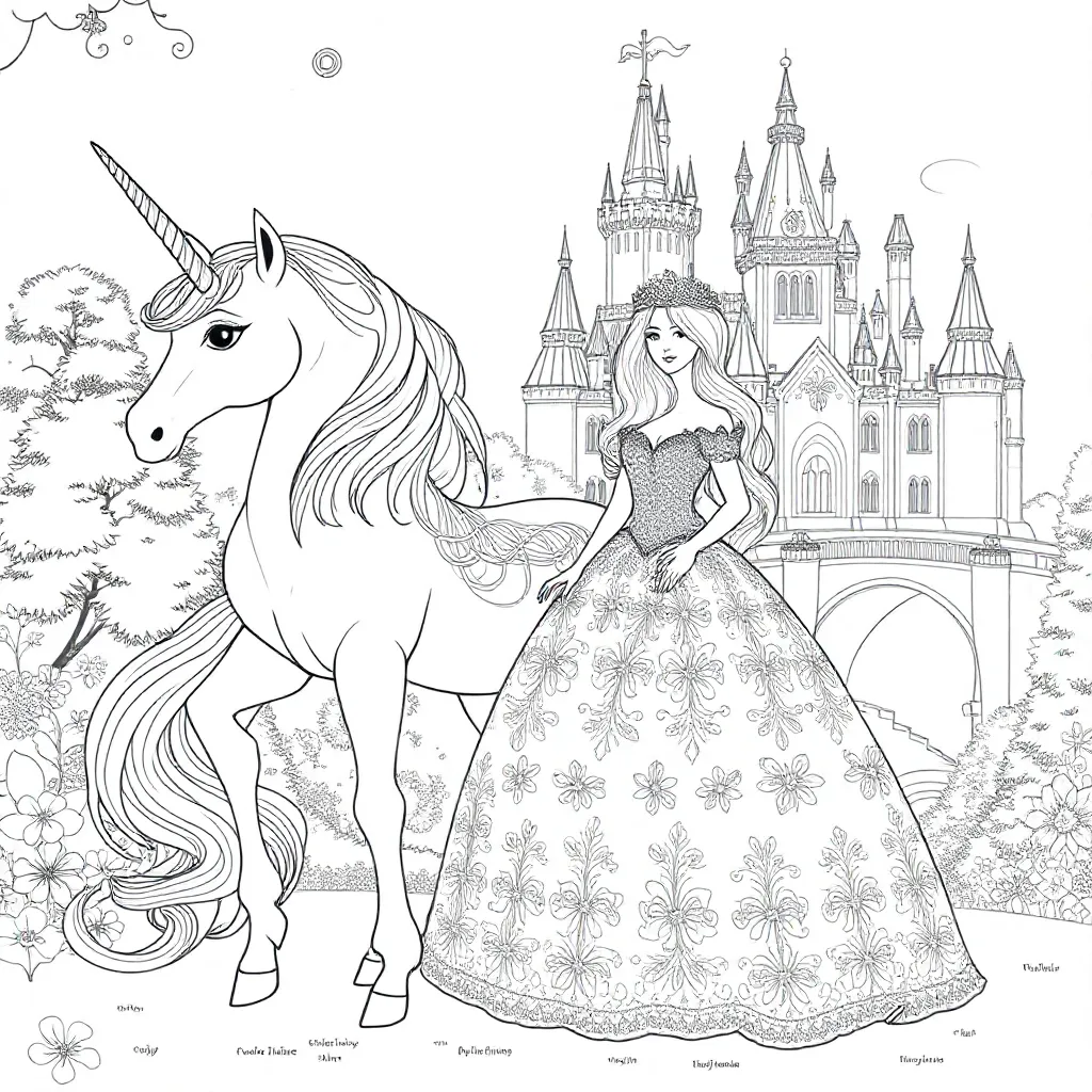 eenhoorn met prinsessen coloring page for children