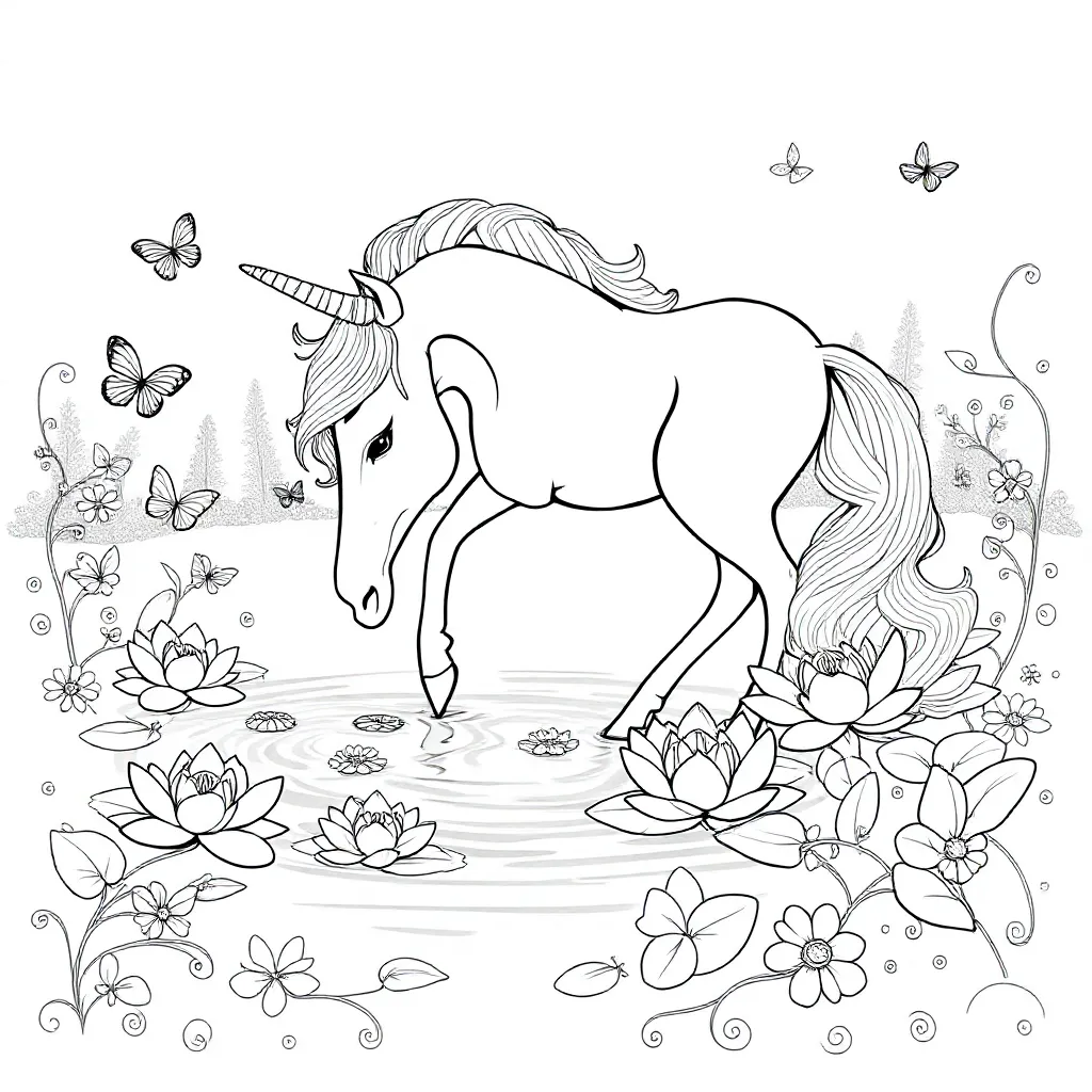 Elegante Eenhoorn Drinkt Glinsterend Water Uit Magisch Me... coloring page for children