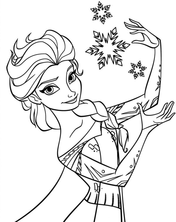 Elsa fait de la magie avec des cristaux de neige coloring page for children