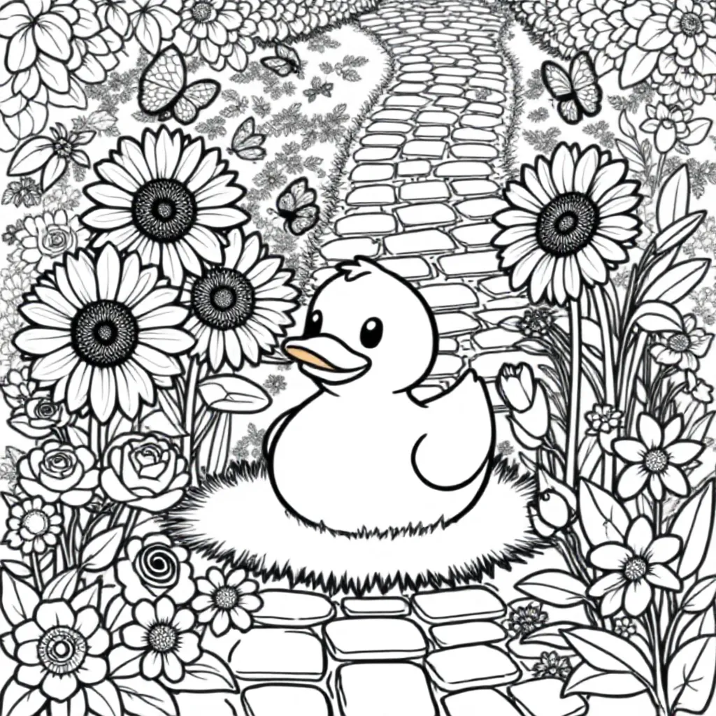 En Badeend In Een Tuin Met Bloemen coloring page for children