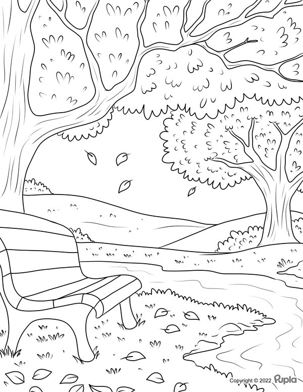 Fall Forest Bench coloring page for children