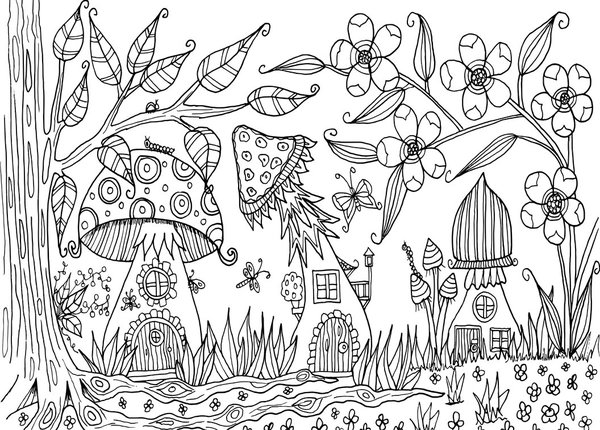 Fall Mushroom Houses coloring page for children