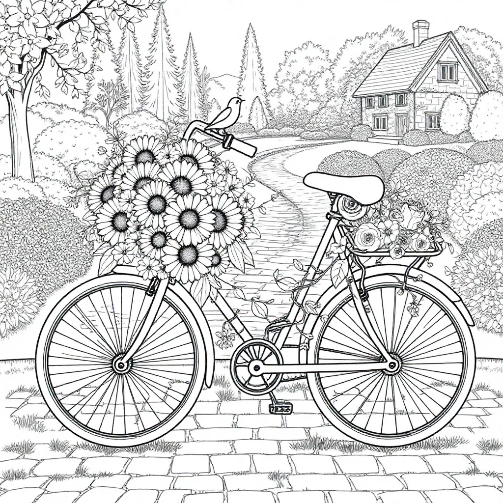 fiets met bloemen coloring page for children