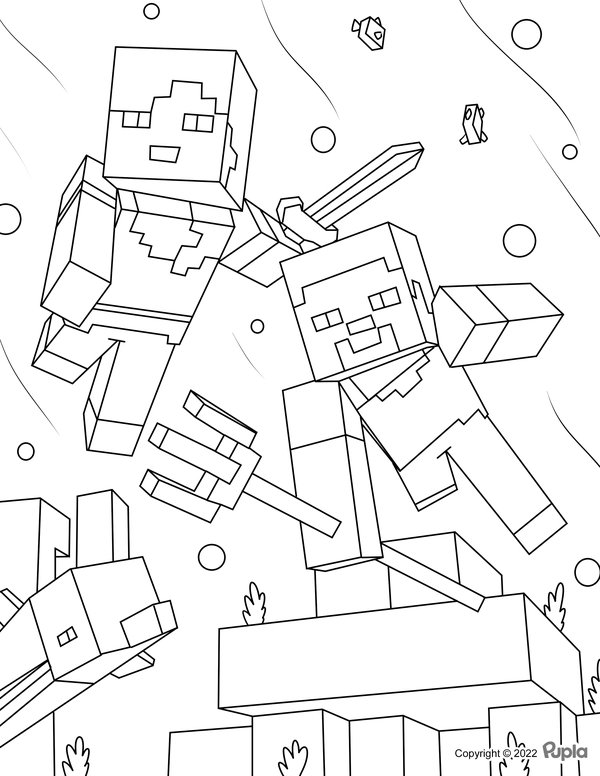 Figurines Minecraft avec râteau et épée coloring page for children