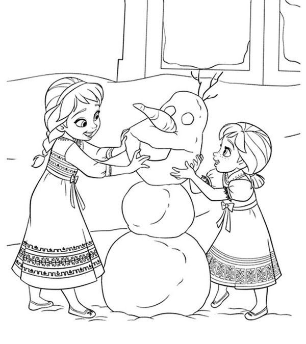 Frozen Young Anna Elsa Bauen Schneemann coloring page for children