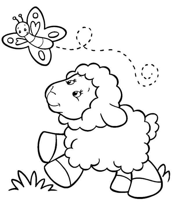 Frühling Niedliches Lamm und Schmetterling coloring page for children