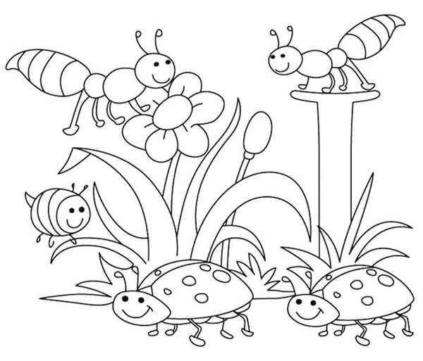 Frühlingsbienen und Marienkäfer coloring page for children