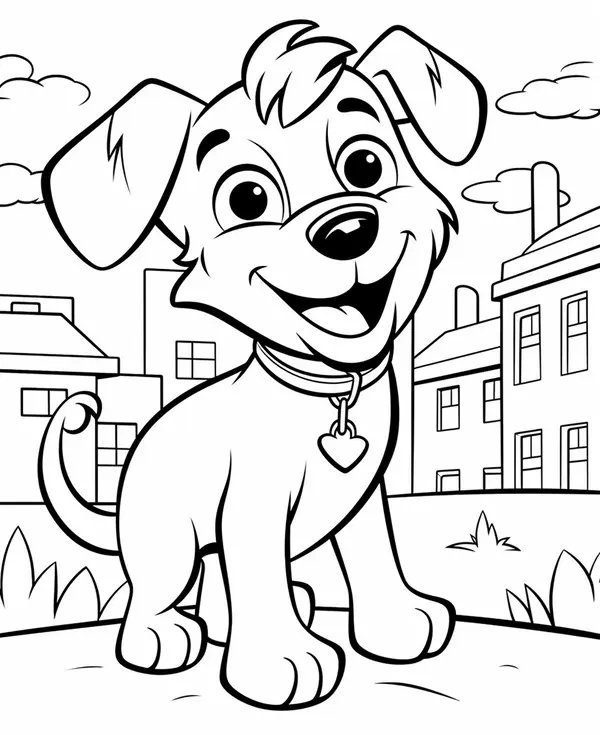 Gelukkige Hond met Stadsachtergrond coloring page for children