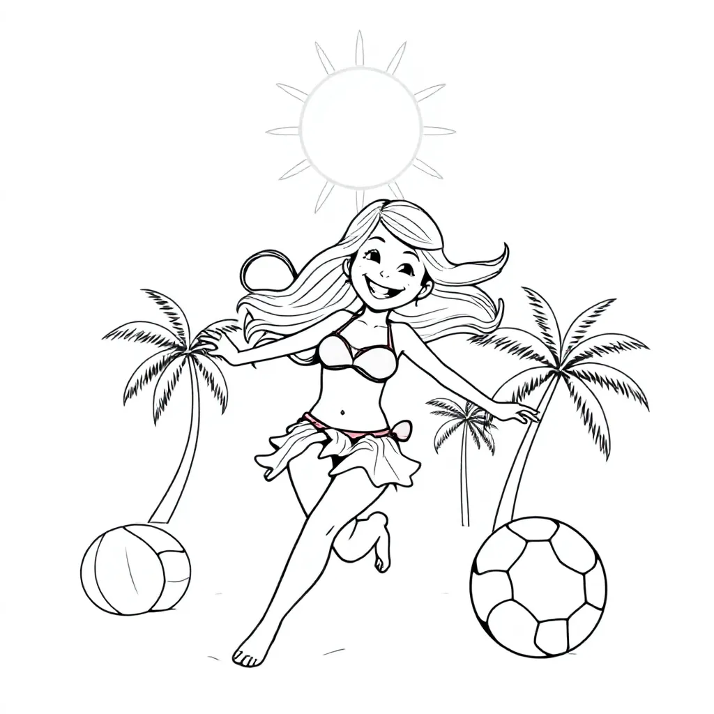 Girl In Bikini Playing Football coloring page for children
