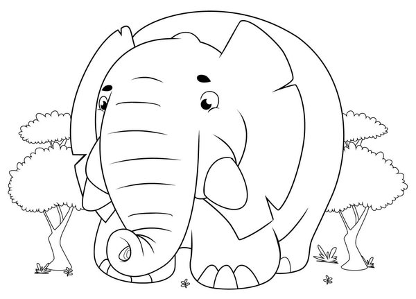 Gran Elefante De Dibujos Animados En El Bosque coloring page for children