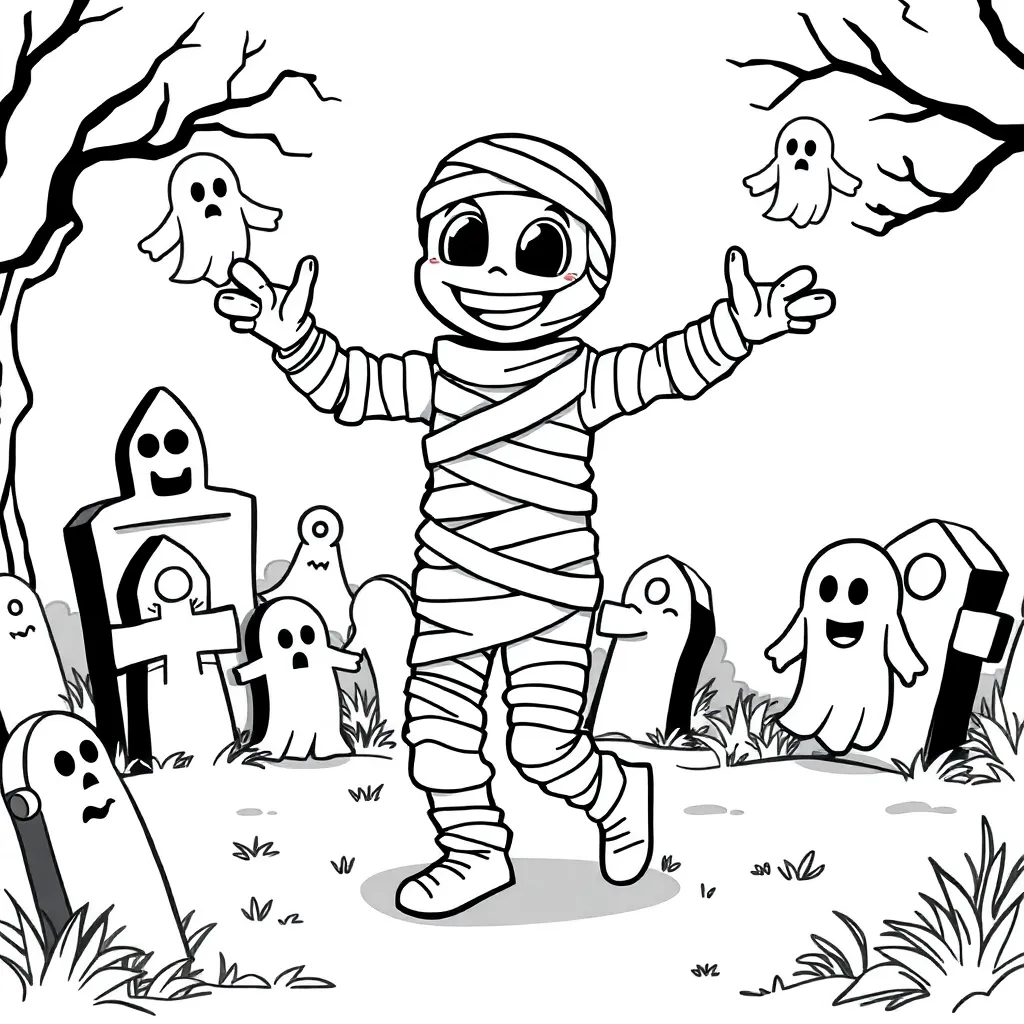 Grappige Mummie Spookachtig Kerkhof Halloween Grafzerken Spoken coloring page for children