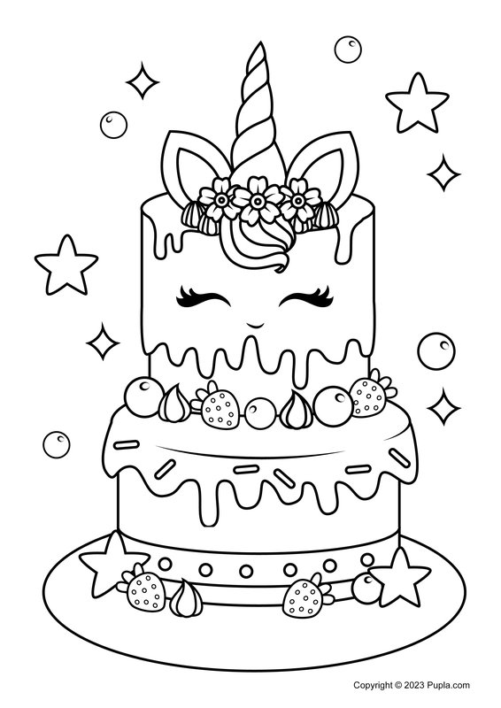 Grote en mooie eenhoorn taart coloring page for children