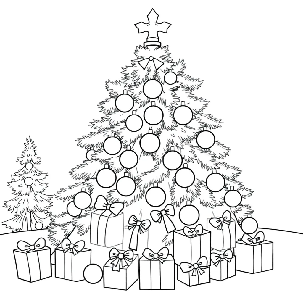 Grote Kerstboom Ballen Cadeaus Feestelijk Winterseizoen coloring page for children