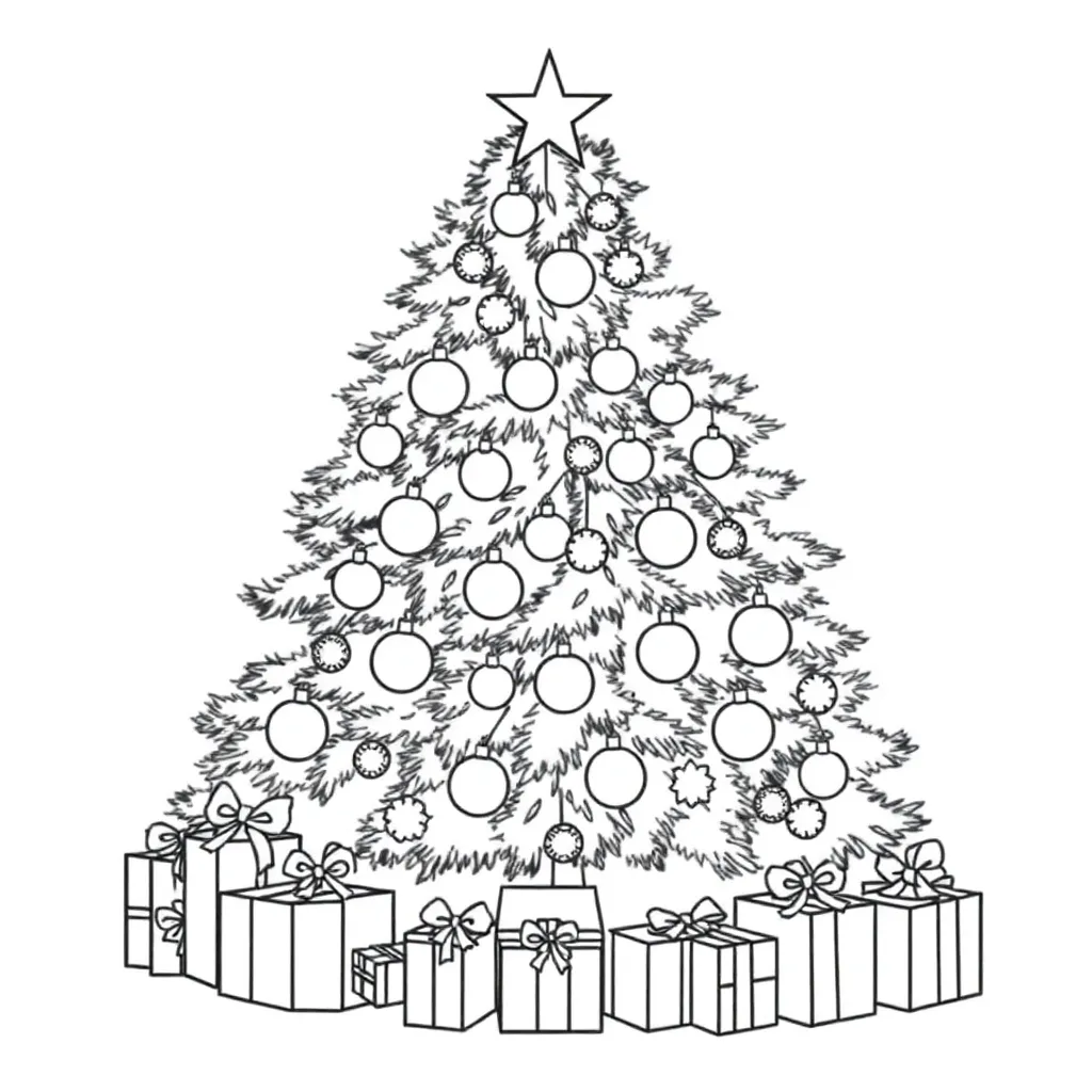 Grote Kerstboom Ballen Cadeaus Feestelijke Decoraties Winterseizoen coloring page for children