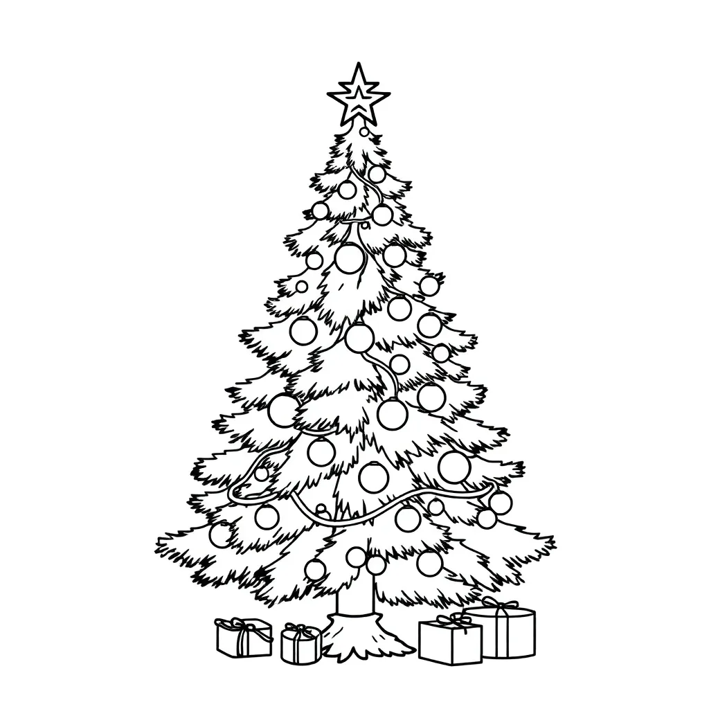 Grote Kerstboom Met Ballen En Cadeaus Kleurplaat coloring page for children