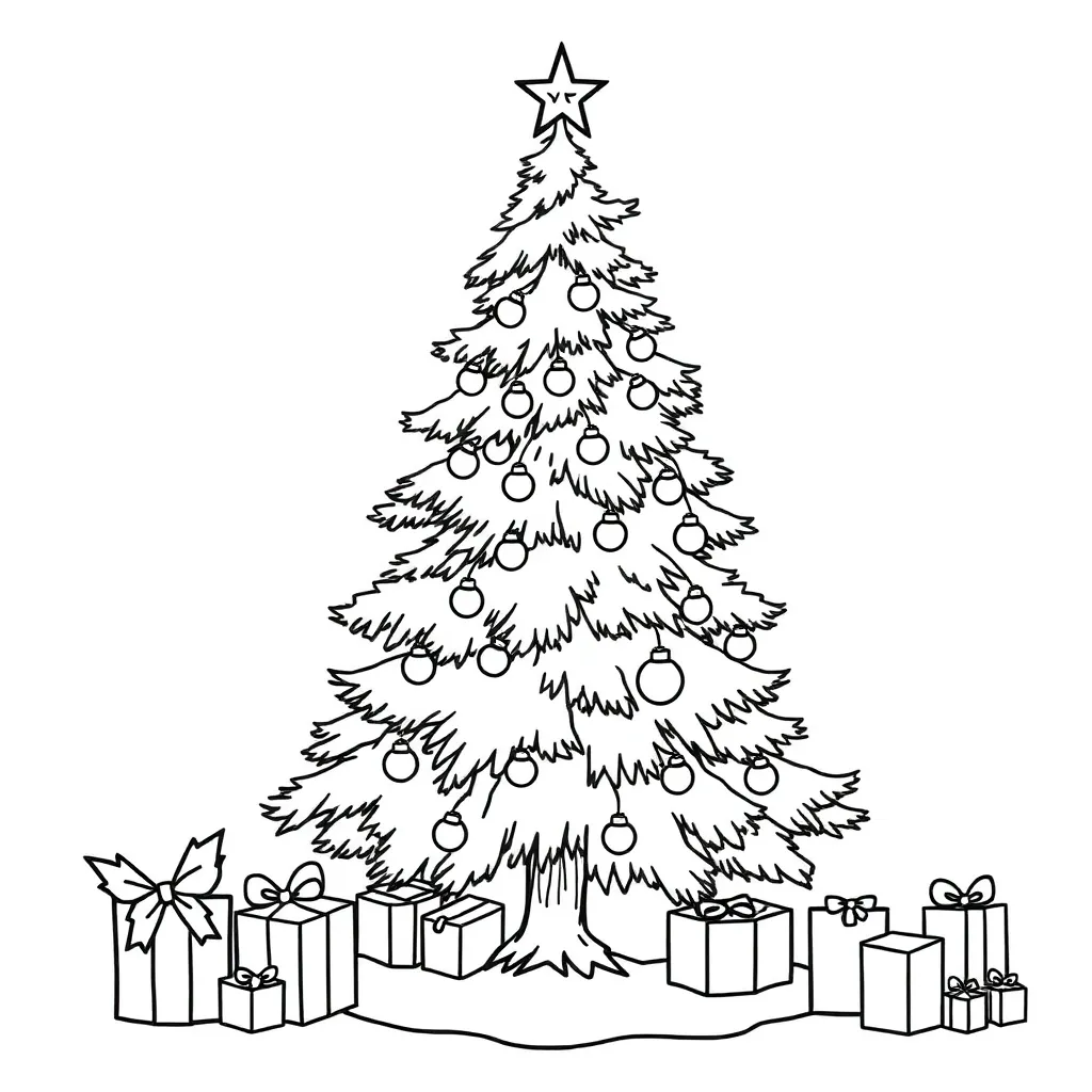 Grote Kerstboom Met Ballen En Cadeaus Kleurplaat coloring page for children