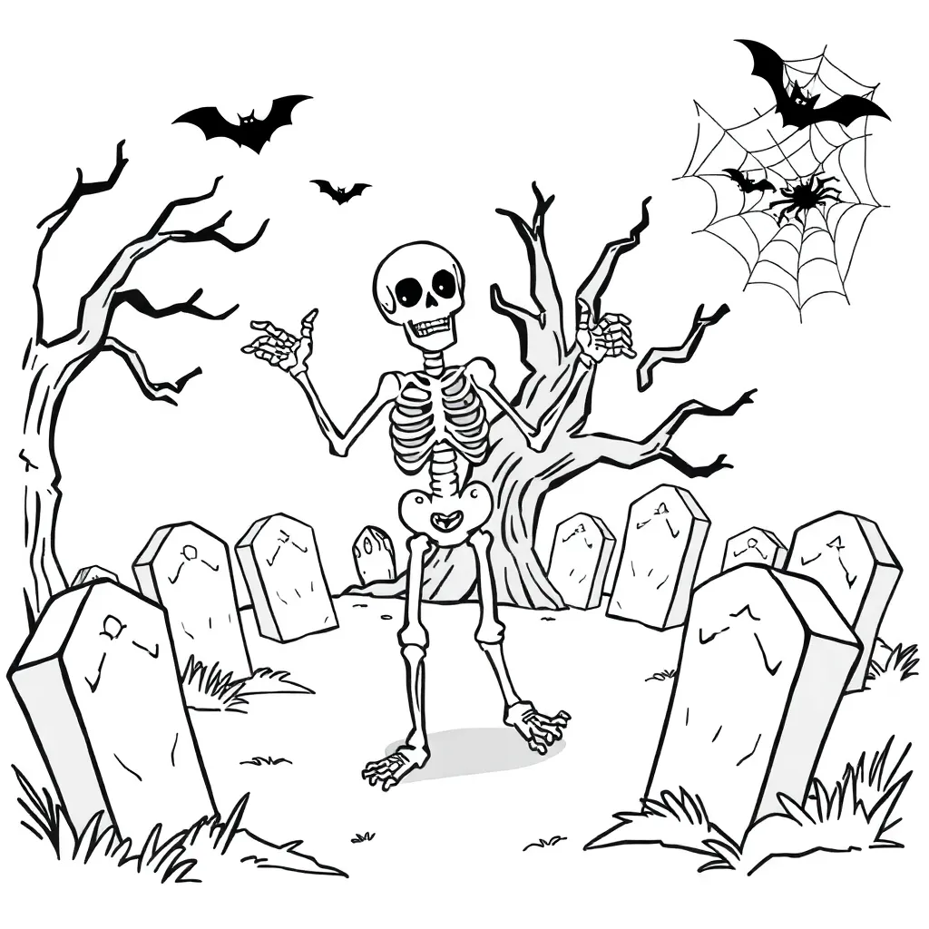Halloween Dansend Skelet Griezelig Kerkhof Spinnenwebben Vleermuizen coloring page for children