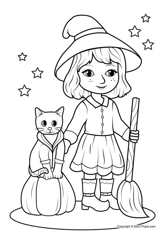 Halloween Girl with Cat coloring page for children