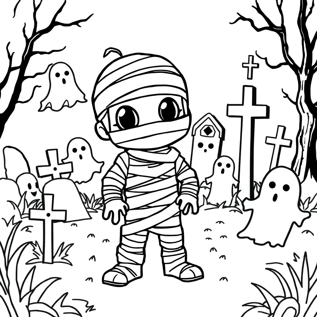 Halloween Griezelig Mummie Begraafplaats Cartoonstijl coloring page for children
