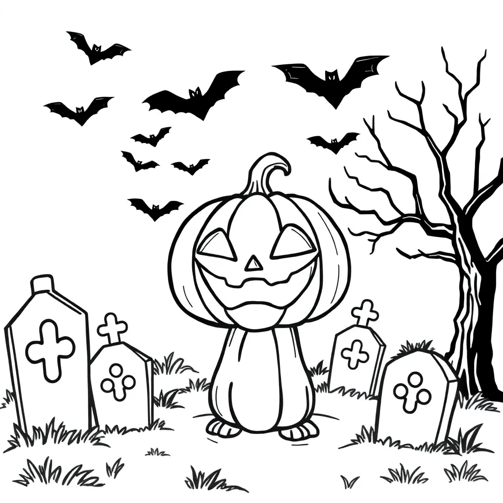 Halloween Griezelig Pompoenhoofd Kerkhof Cartoonesk coloring page for children