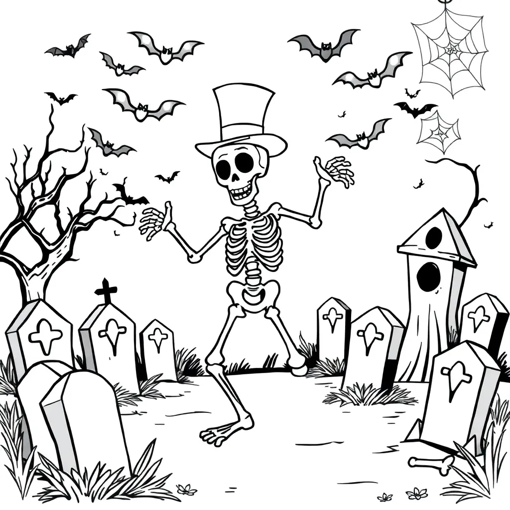 Halloween Griezelig Skelet Kerkhof Spinnenwebben Vleermuizen coloring page for children
