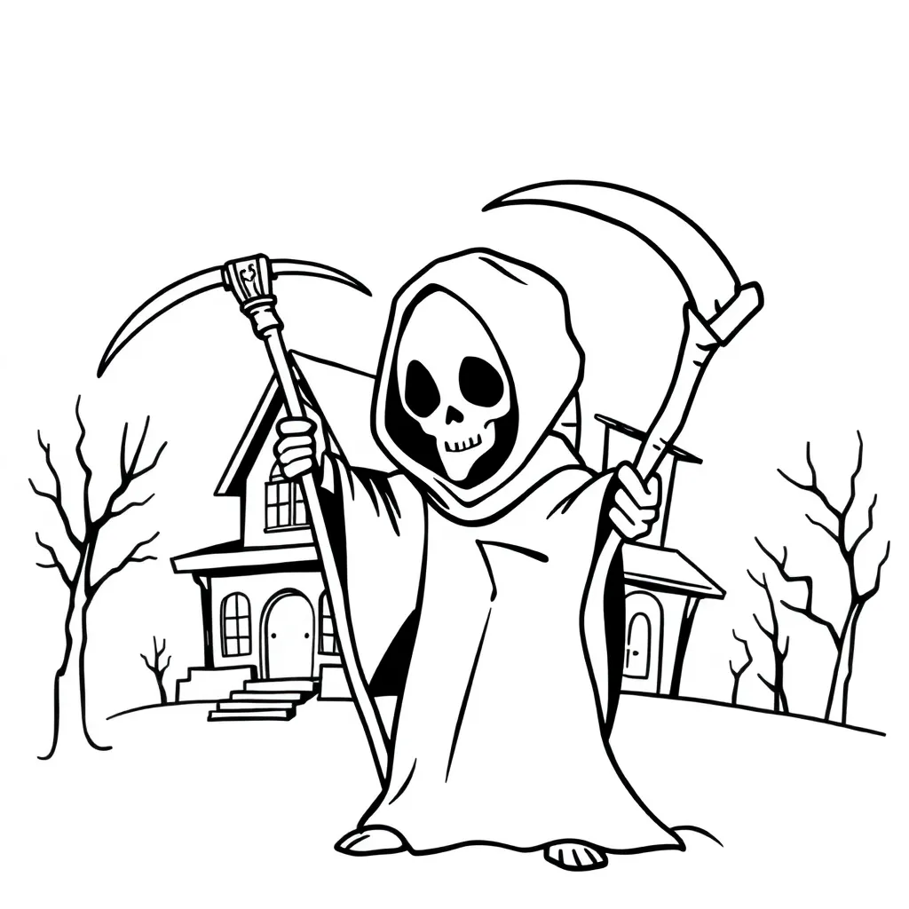 Halloween Grim Reaper Spookhuis Cartoonesk Mysterieus coloring page for children