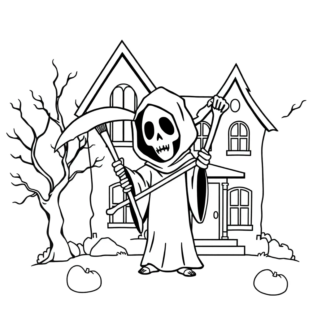 Halloween Grim Reaper Spookhuis Cartoonstijl Kinderen coloring page for children