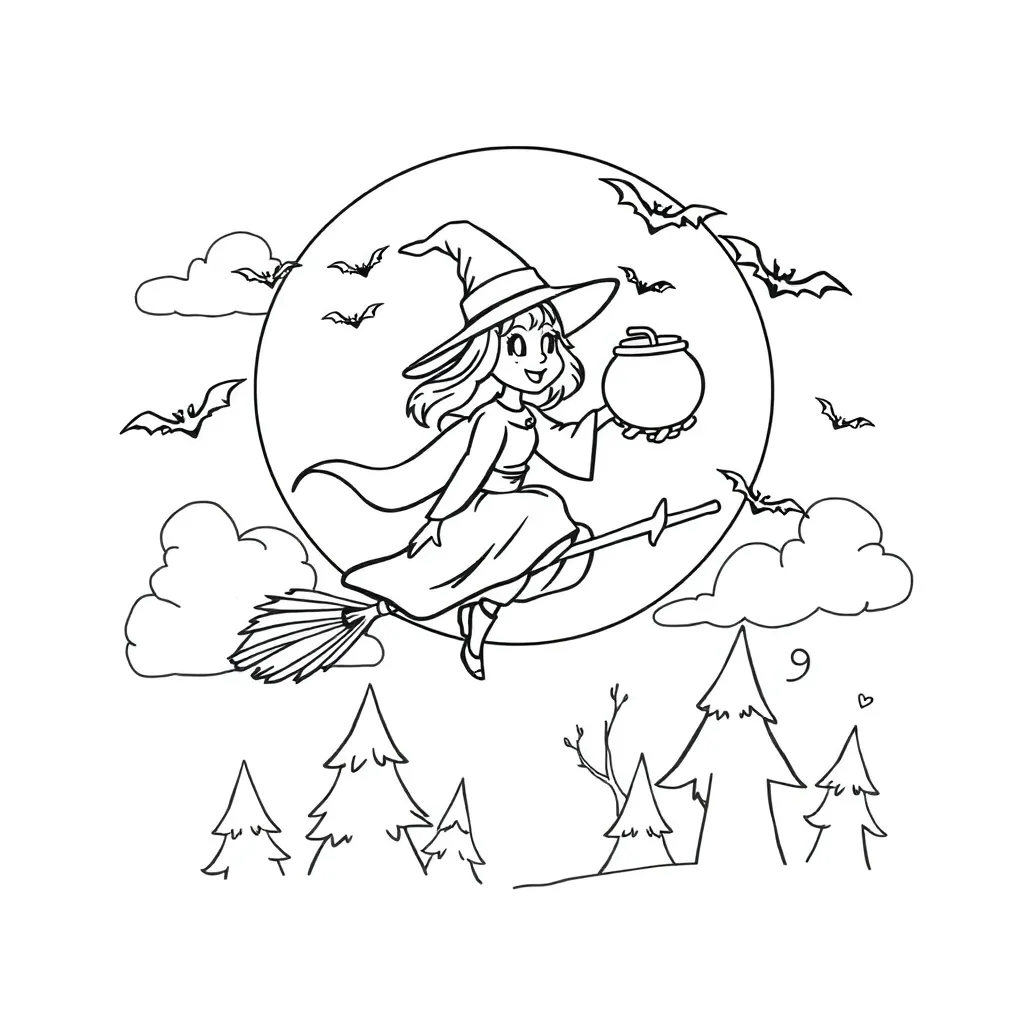 Halloween Heks Betoverend Nachtelijk Mysterieus coloring page for children